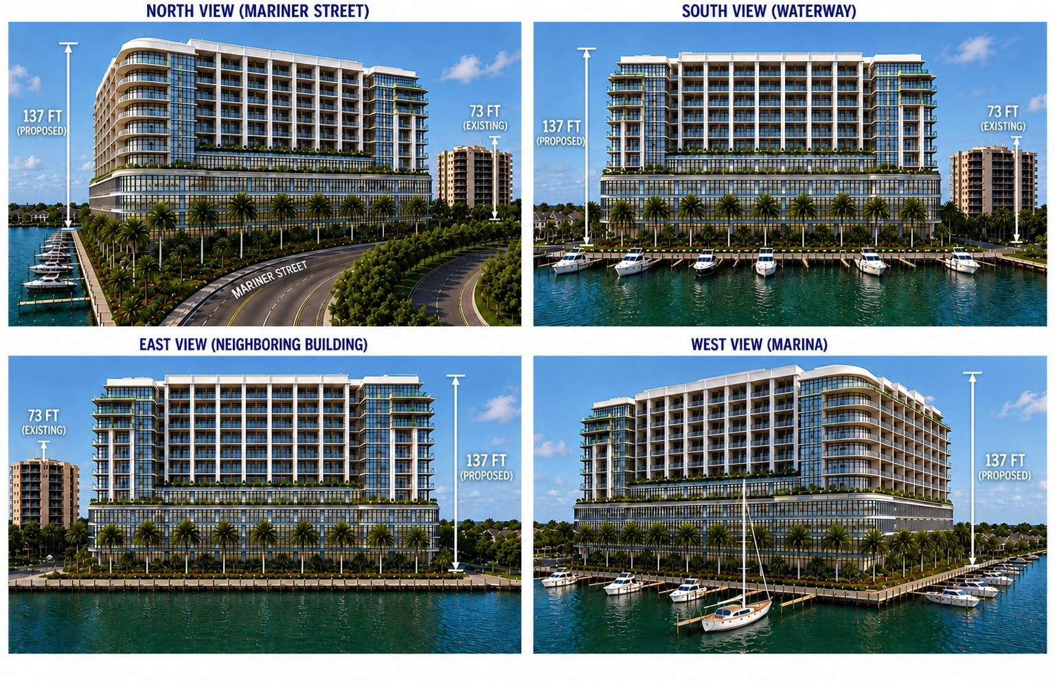 Proposed Building – 137 Feet (11 Stories) – Four-view rendering showing north view (Mariner Street), south view (waterway), east view (neighboring building), and west view (marina), each comparing the proposed 137-foot tower to the existing 73-foot structure